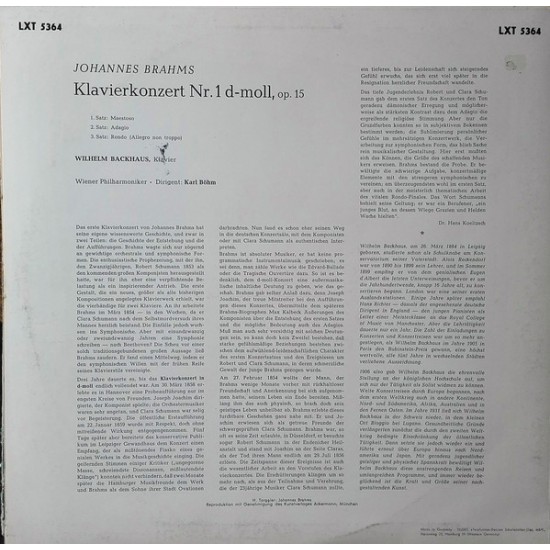 Johannes Brahms; Klavierkonzert Nr. 1 d-moll; Wilhelm Backhaus; Wiener Philharmoniker; Karl Böhm