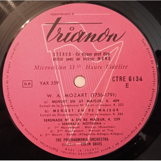Wolfgang-Amadeus Mozart*, The Philharmonia Orchestra* Direction Colin Davis* – Petite Musique De Nuit - Sérénade Nocturne - Promenade En Traineau - 2 Danses Allemandes - Menuet (Le Célèbre)